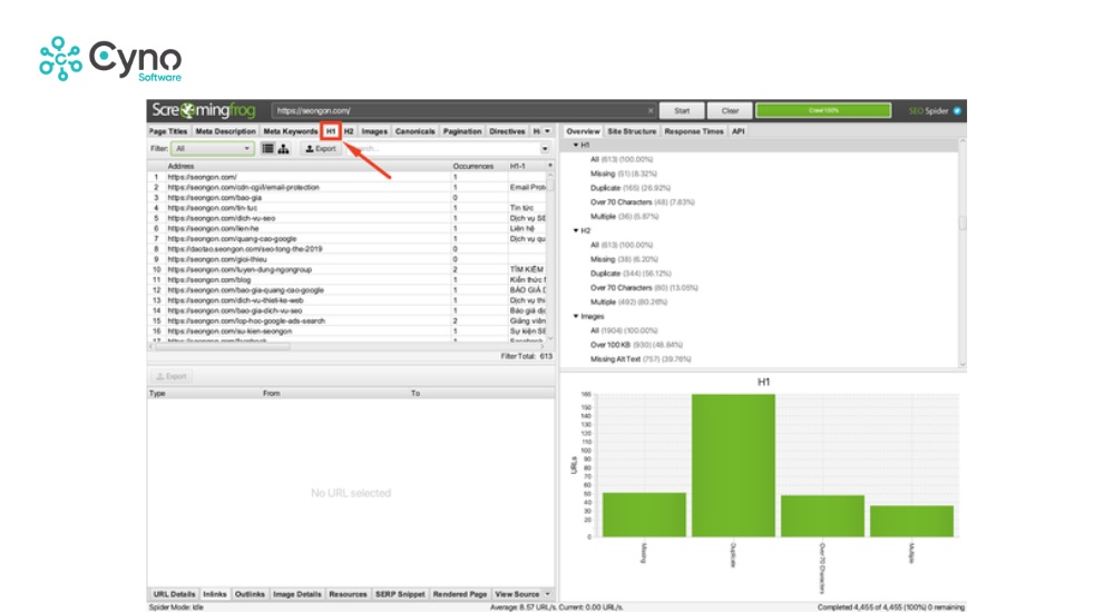 Screaming Frog Cho phép bạn phát hiện các lỗi thẻ Heading